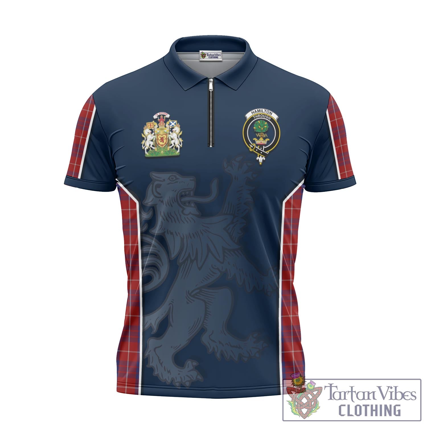 Tartan Vibes Clothing Hamilton Tartan Zipper Polo Shirt with Family Crest and Lion Rampant Vibes Sport Style