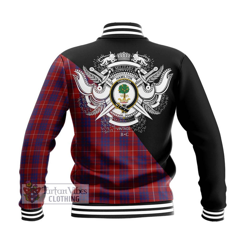 Hamilton Tartan Baseball Jacket with Family Crest and Military Logo Style - Tartanvibesclothing Shop