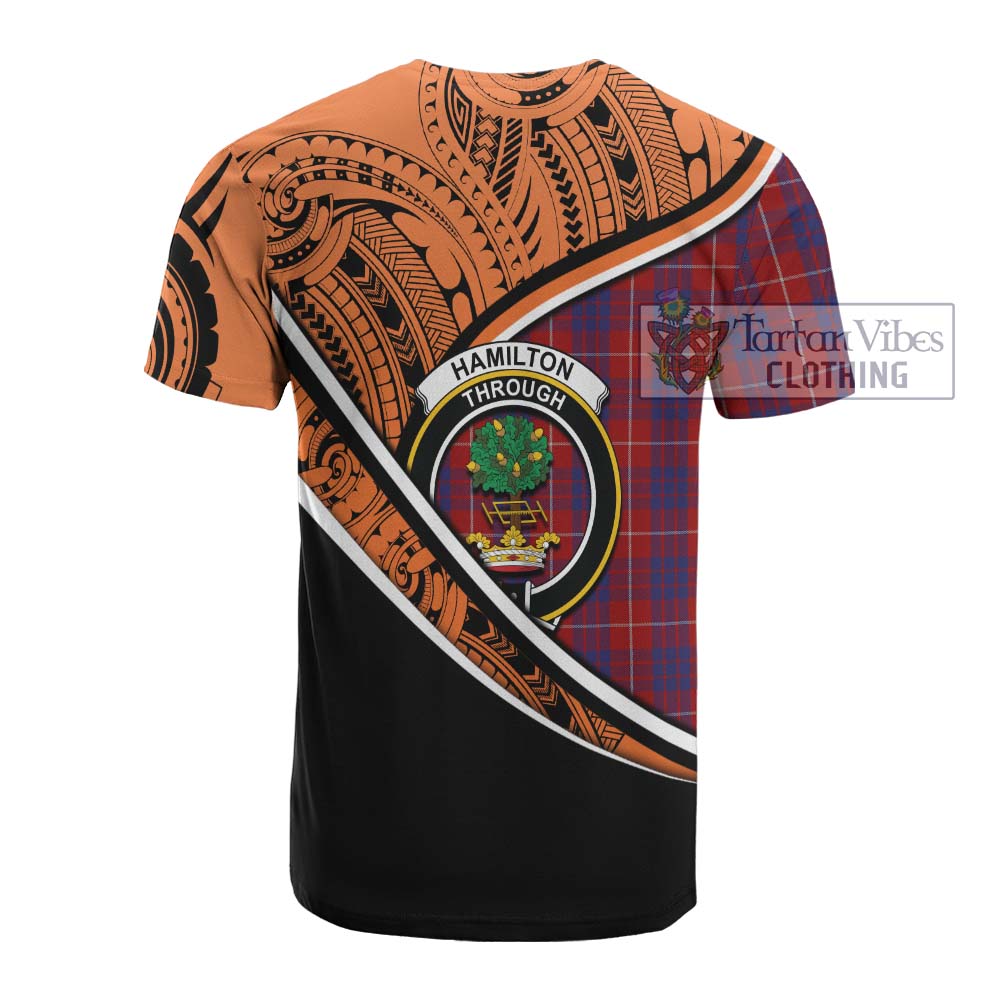 Tartan Vibes Clothing Hamilton Crest Tartan Cotton T-shirt with Maori Tattoo Style - Orange Version