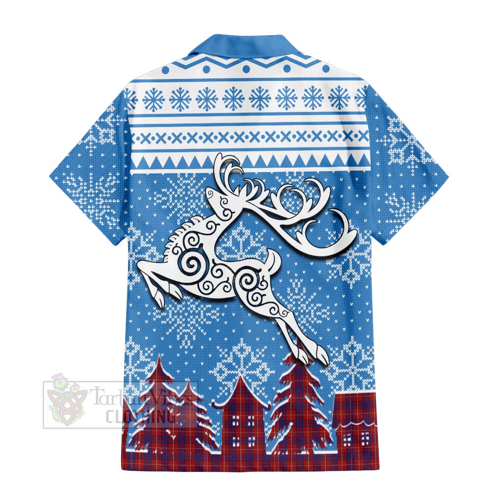 Tartan Vibes Clothing Hamilton Clan Christmas Short Sleeve Button Shirt Celtic Reindeer Style