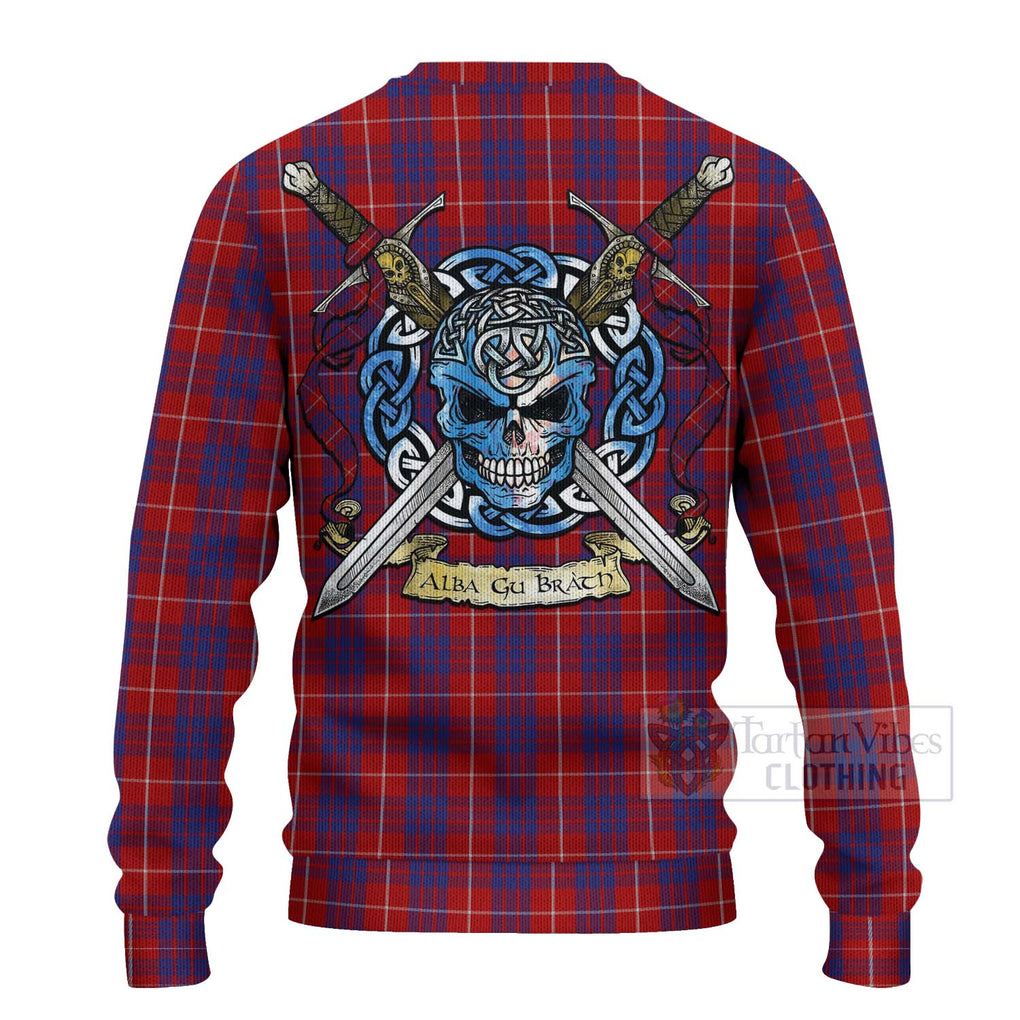 Tartan Vibes Clothing Hamilton Tartan Knitted Sweater with Family Crest Celtic Skull Style