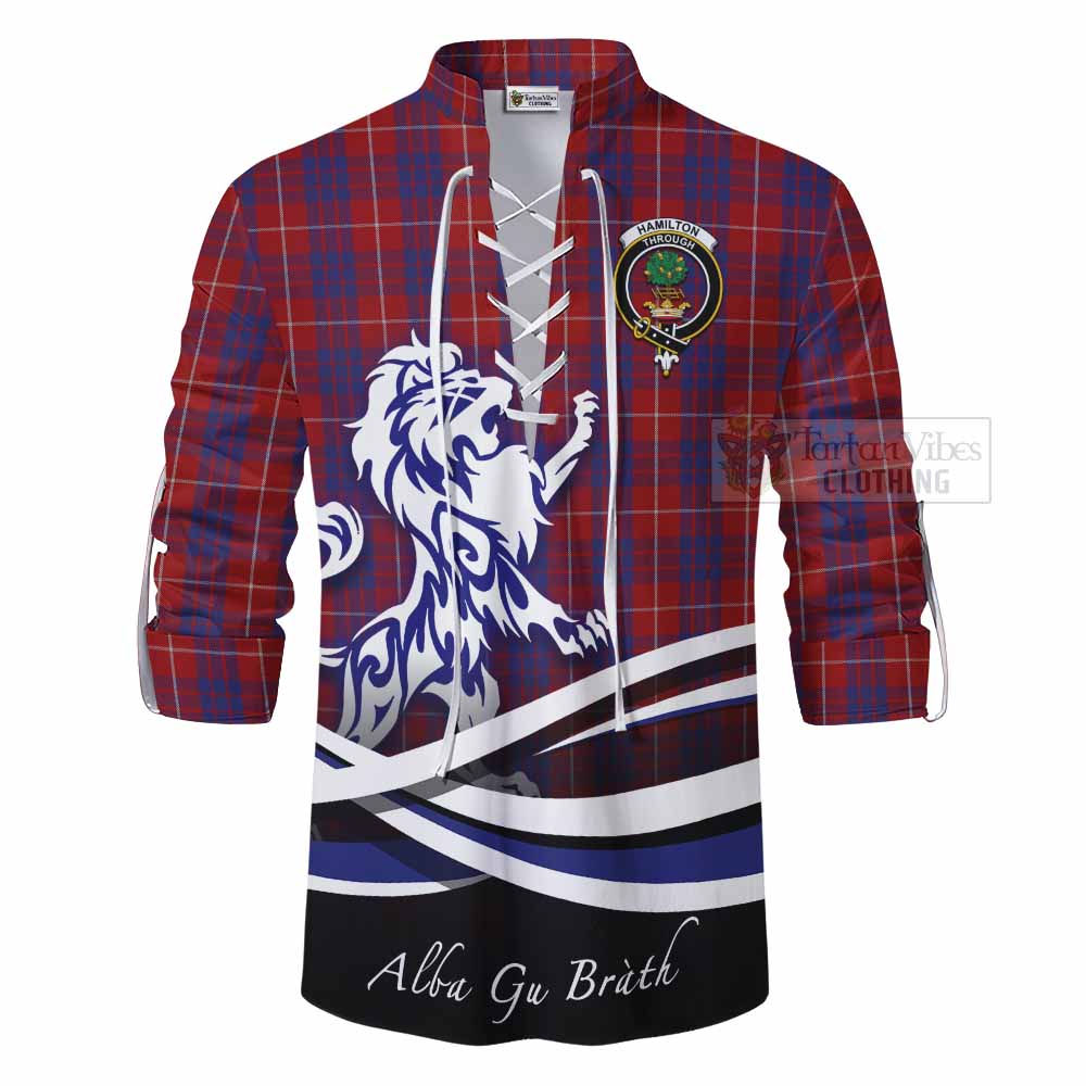 Tartan Vibes Clothing Hamilton Tartan Ghillie Kilt Shirt with Alba Gu Brath Regal Lion Emblem