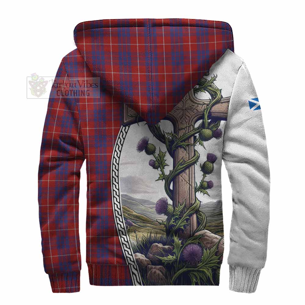 Tartan Vibes Clothing Hamilton Tartan Sherpa Hoodie with Family Crest and St. Andrew's Cross Accented by Thistle Vines