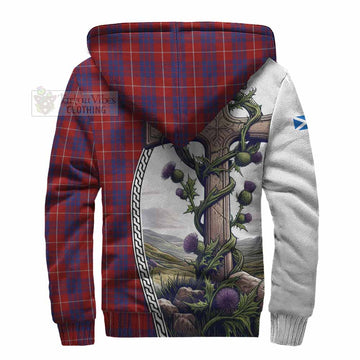 Hamilton Tartan Sherpa Hoodie with Family Crest and St. Andrew's Cross Accented by Thistle Vines