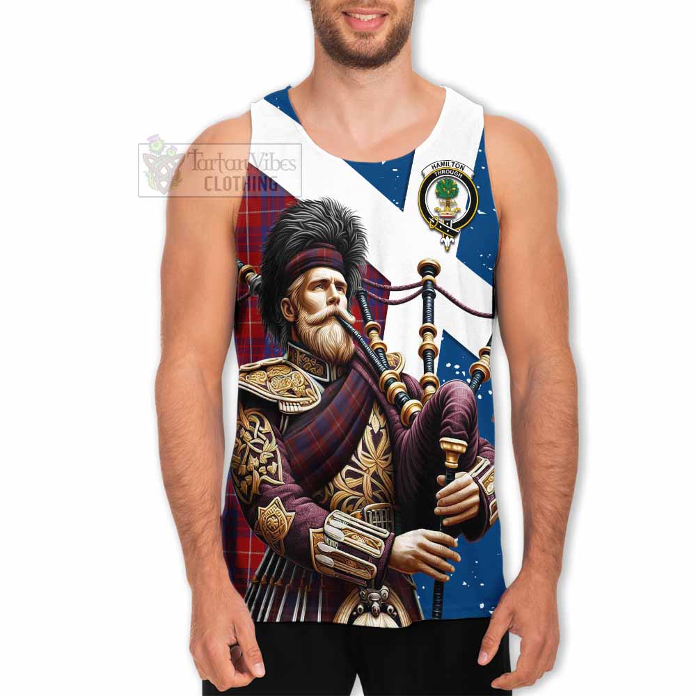 Hamilton Tartan Men's Tank Top with Family Crest Scottish Bagpiper Vibes