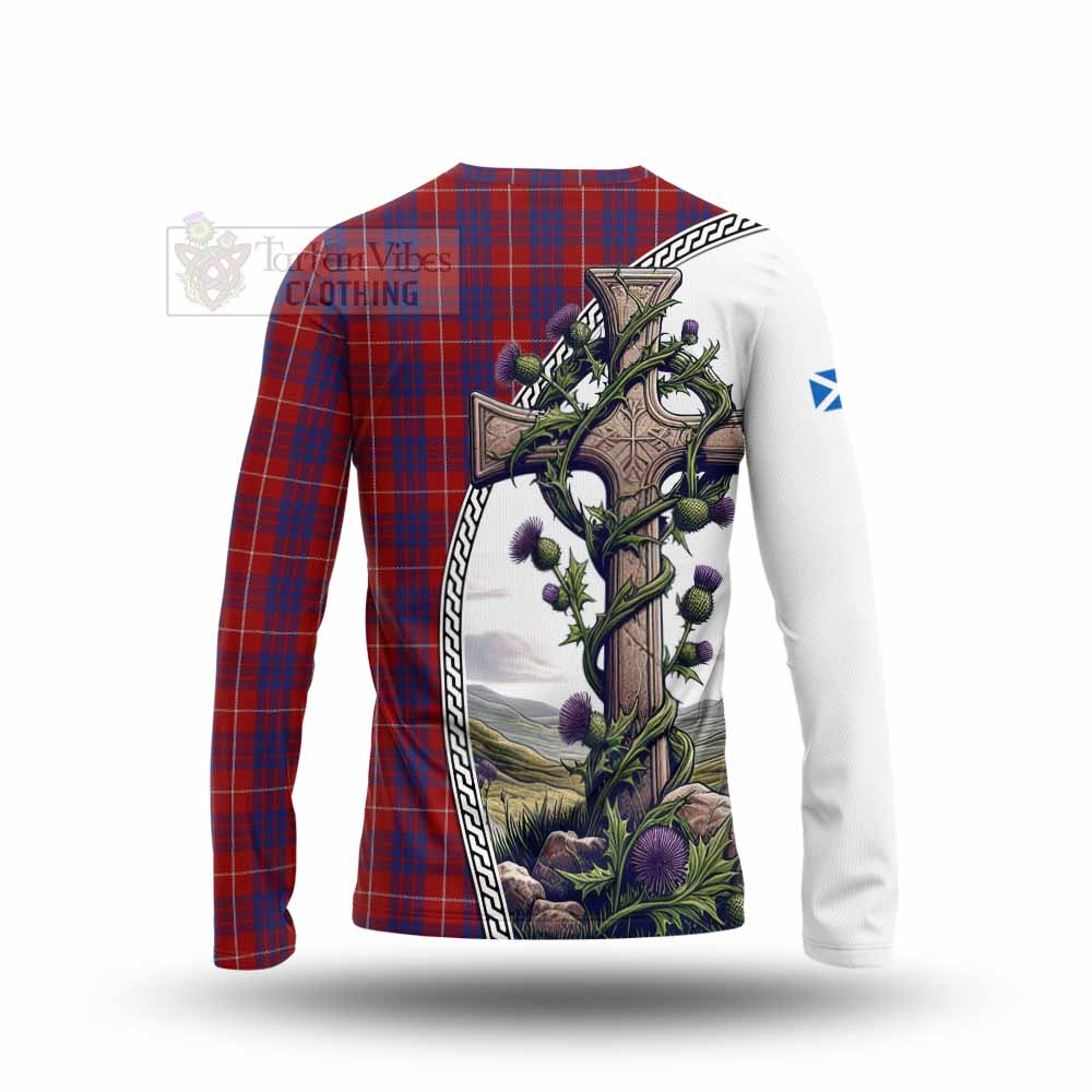 Tartan Vibes Clothing Hamilton Tartan Long Sleeve T-Shirt with Family Crest and St. Andrew's Cross Accented by Thistle Vines