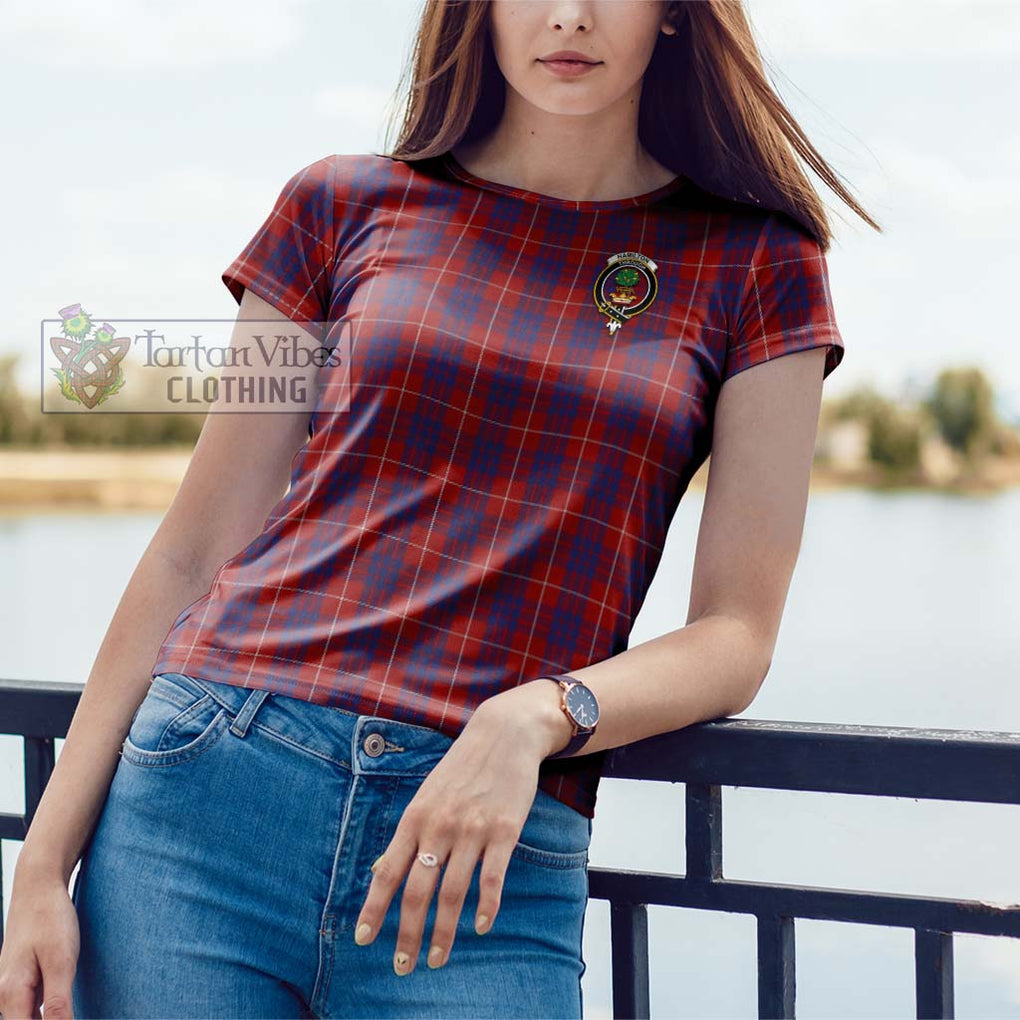 Hamilton Tartan Cotton T-Shirt with Family Crest Women's Shirt - Tartanvibesclothing Shop