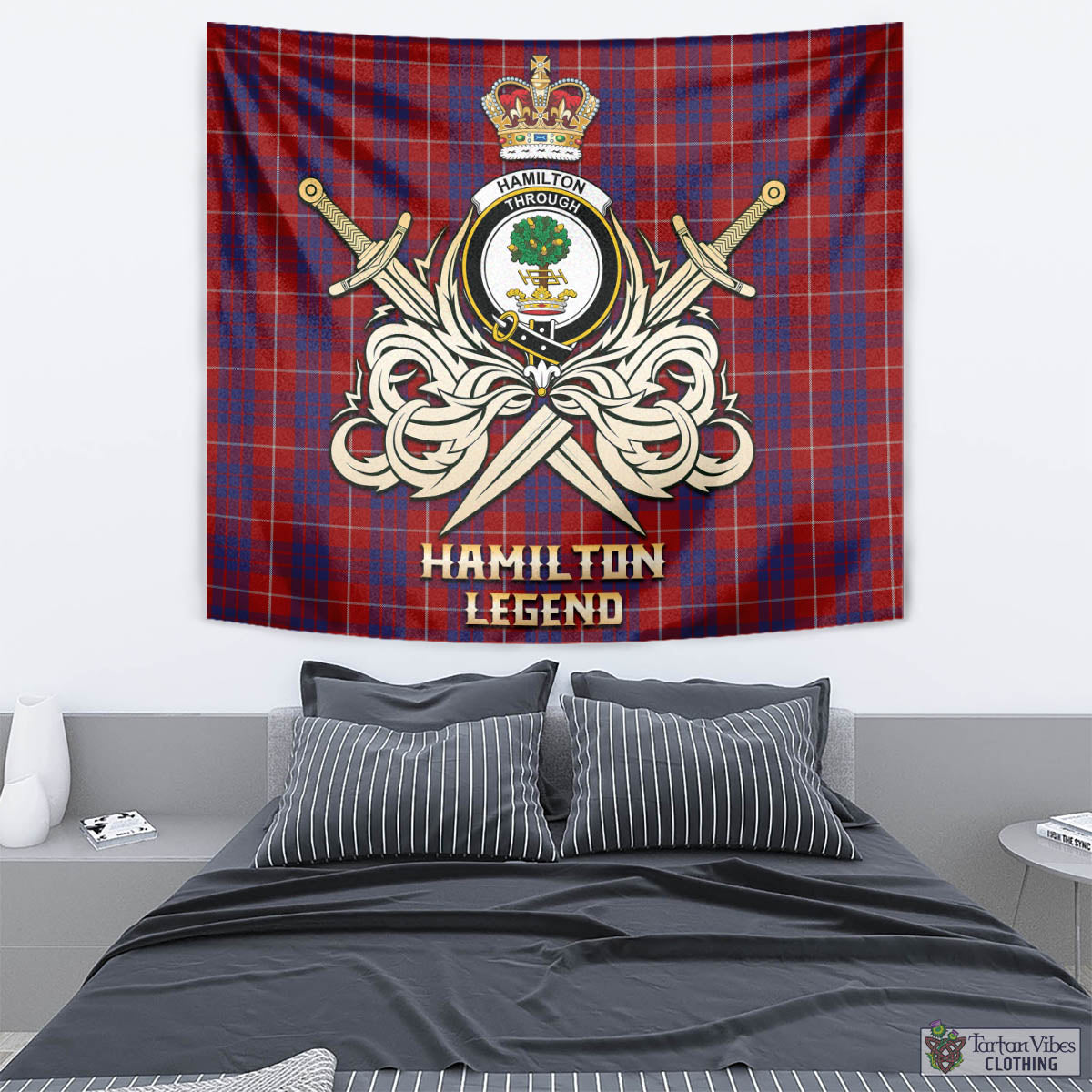 Tartan Vibes Clothing Hamilton Tartan Tapestry with Clan Crest and the Golden Sword of Courageous Legacy