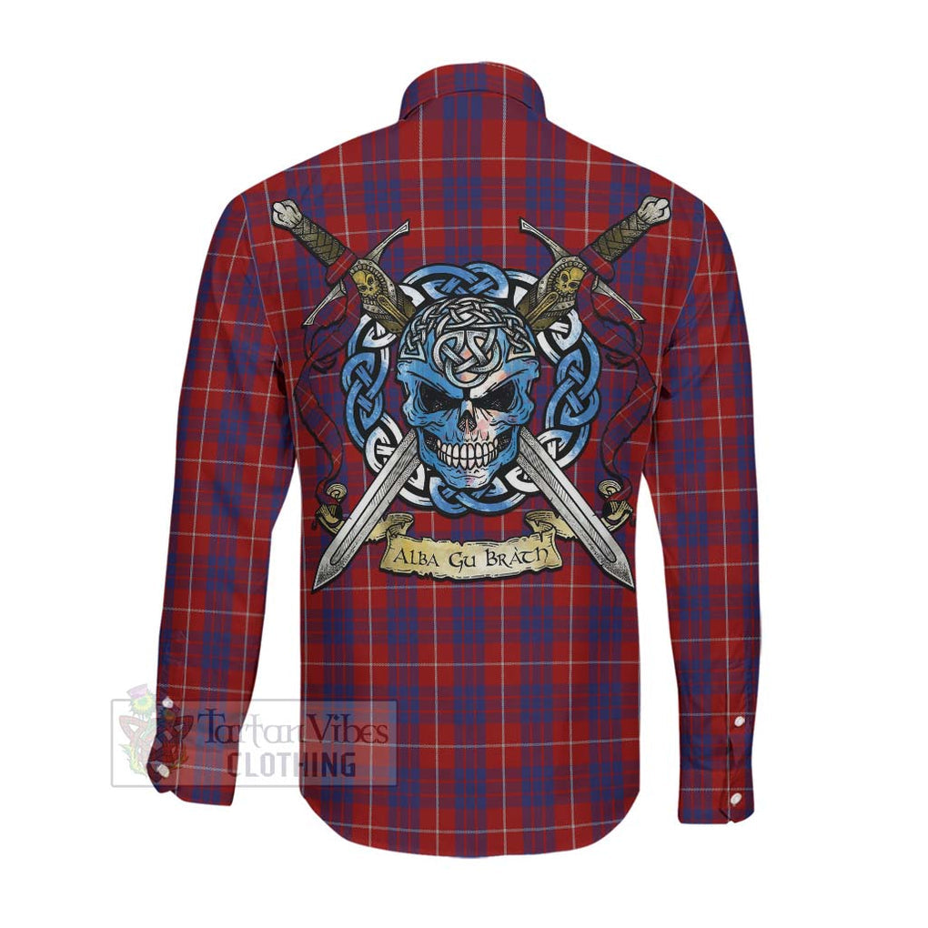 Tartan Vibes Clothing Hamilton Tartan Long Sleeve Button Shirt with Family Crest Celtic Skull Style