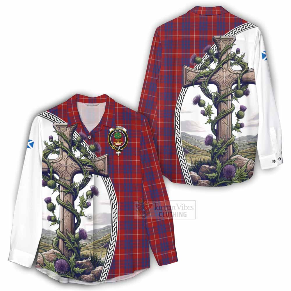 Tartan Vibes Clothing Hamilton Tartan Women's Casual Shirt with Family Crest and St. Andrew's Cross Accented by Thistle Vines