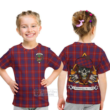 Hamilton Tartan Kid T-Shirt with Family Crest and Bearded Skull Holding Bottles of Whiskey