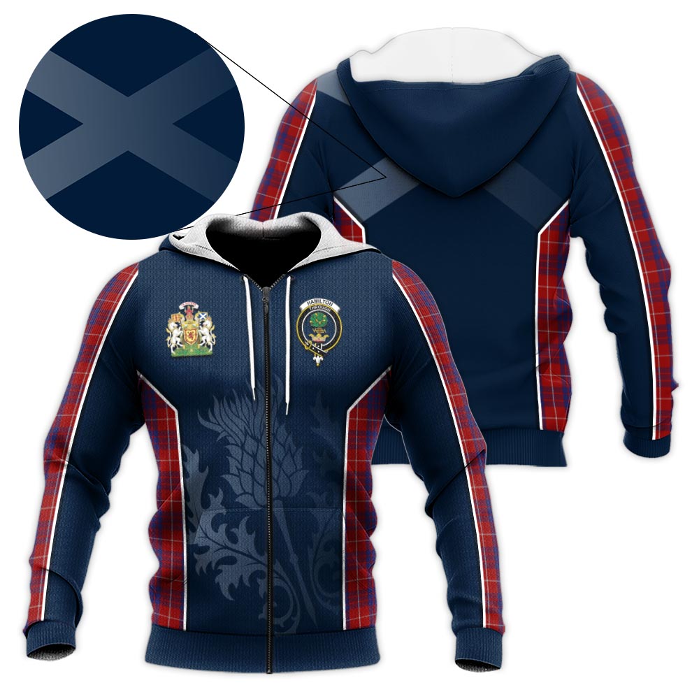 Tartan Vibes Clothing Hamilton Tartan Knitted Hoodie with Family Crest and Scottish Thistle Vibes Sport Style