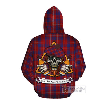 Hamilton Tartan Cotton Hoodie with Family Crest and Bearded Skull Holding Bottles of Whiskey