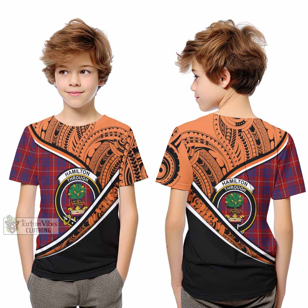 Tartan Vibes Clothing Hamilton Crest Tartan Kid T-Shirt with Maori Tattoo Style - Orange Version