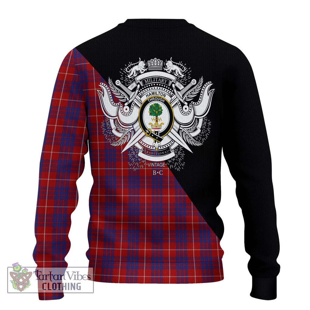 Hamilton Tartan Knitted Sweater with Family Crest and Military Logo Style - Tartanvibesclothing Shop