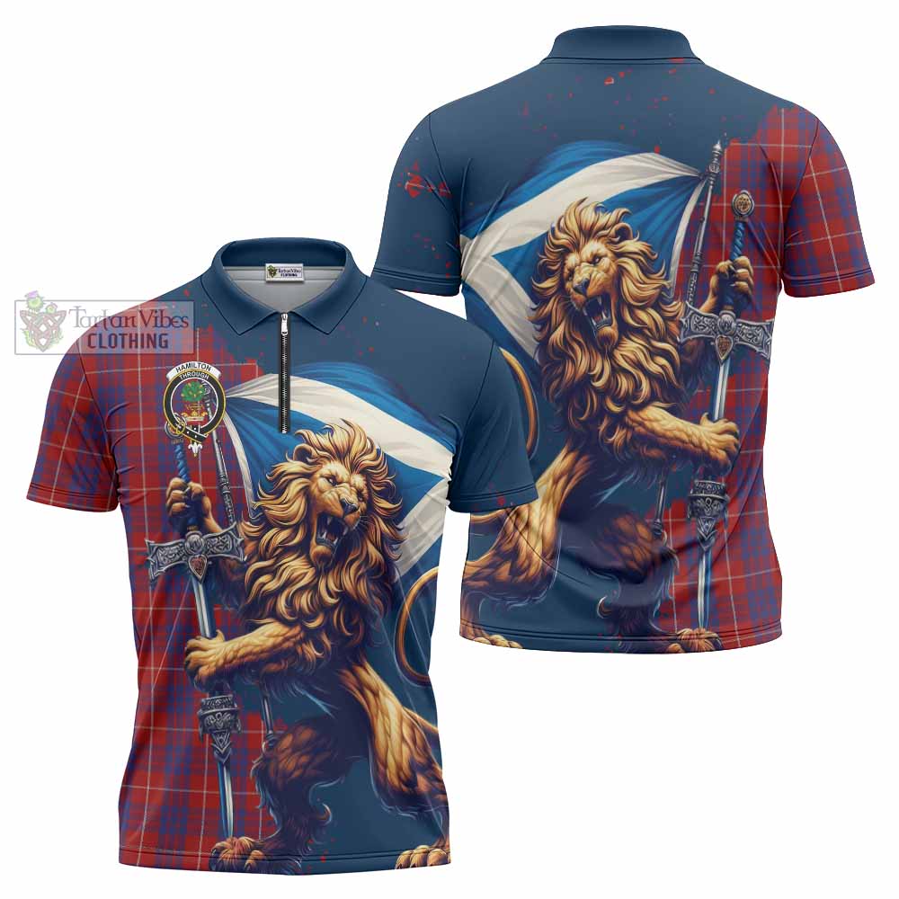 Tartan Vibes Clothing Hamilton Tartan Family Crest Zipper Polo Shirt with Scottish Majestic Lion