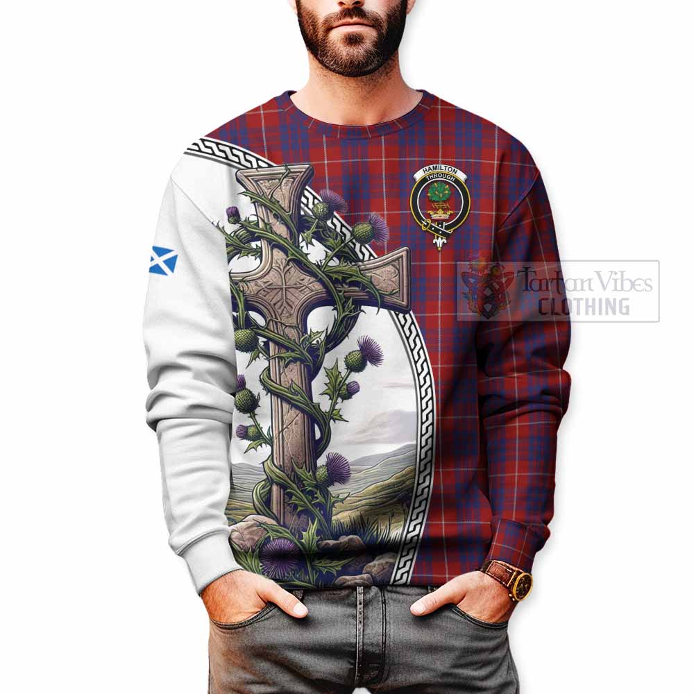 Tartan Vibes Clothing Hamilton Tartan Sweatshirt with Family Crest and St. Andrew's Cross Accented by Thistle Vines