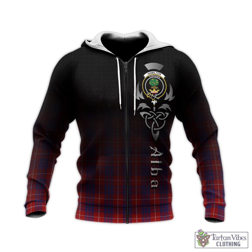 Tartan Vibes Clothing Hamilton Tartan Knitted Hoodie Featuring Alba Gu Brath Family Crest Celtic Inspired