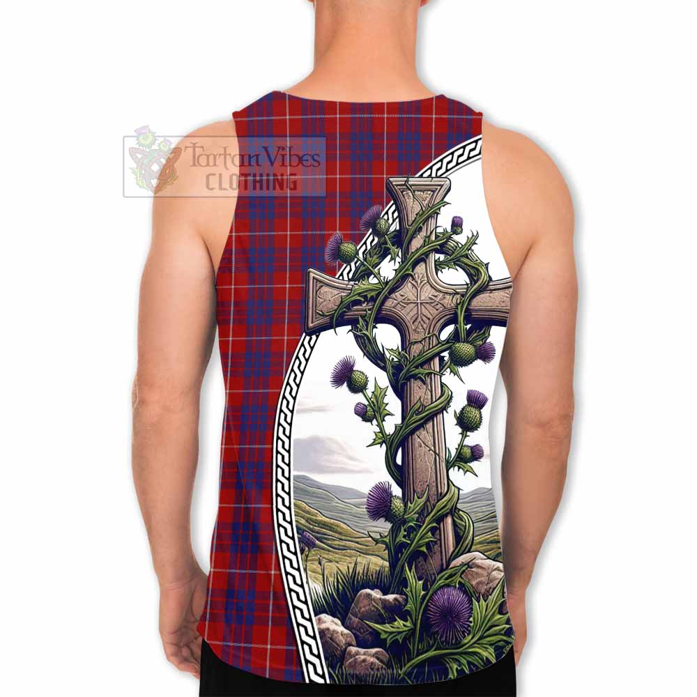 Tartan Vibes Clothing Hamilton Tartan Men's Tank Top with Family Crest and St. Andrew's Cross Accented by Thistle Vines