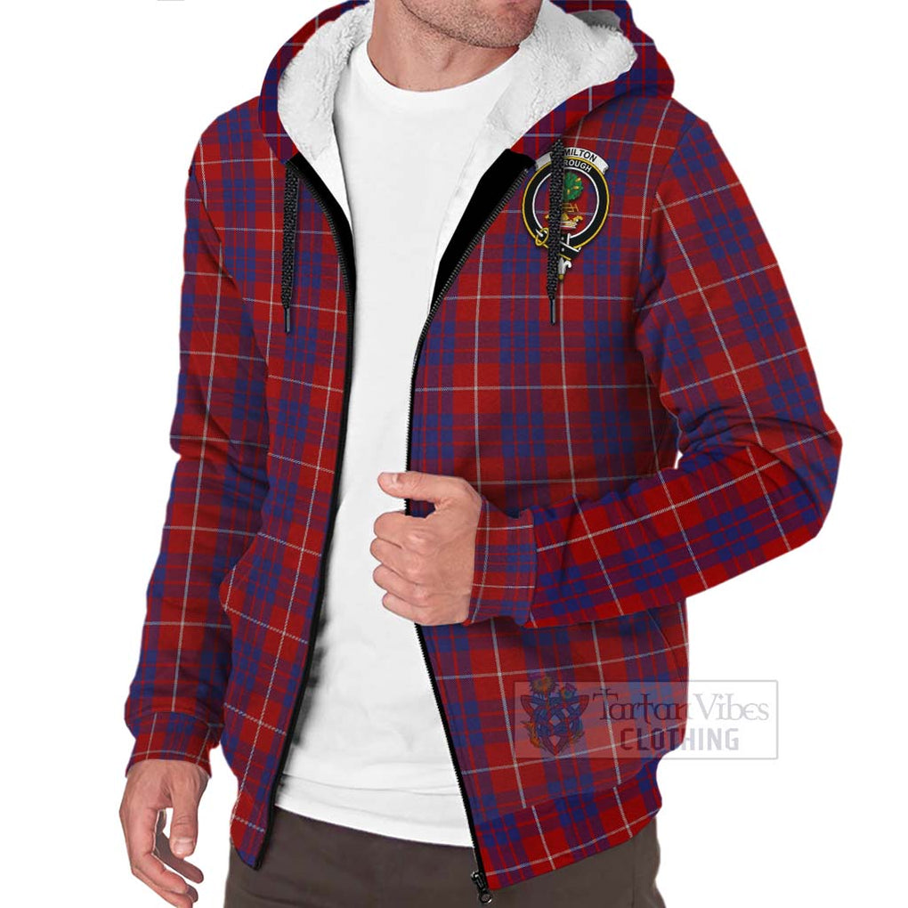 Tartan Vibes Clothing Hamilton Tartan Sherpa Hoodie with Family Crest and Bearded Skull Holding Bottles of Whiskey