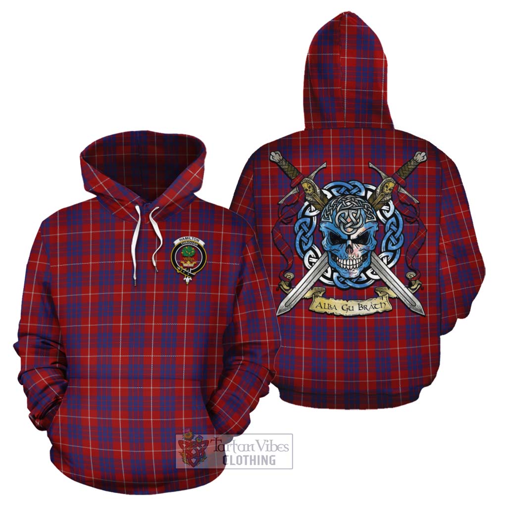 Tartan Vibes Clothing Hamilton Tartan Cotton Hoodie with Family Crest Celtic Skull Style