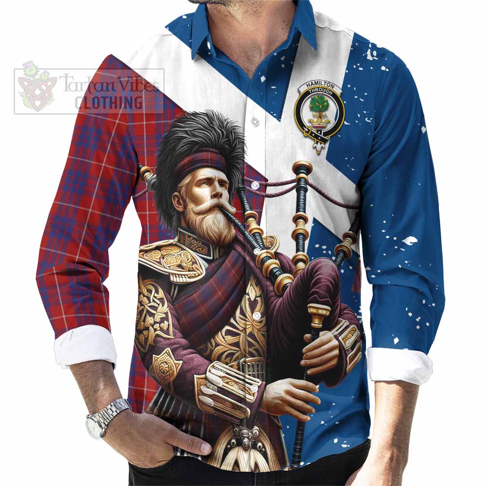 Tartan Vibes Clothing Hamilton Tartan Long Sleeve Button Shirt with Family Crest Scottish Bagpiper Vibes