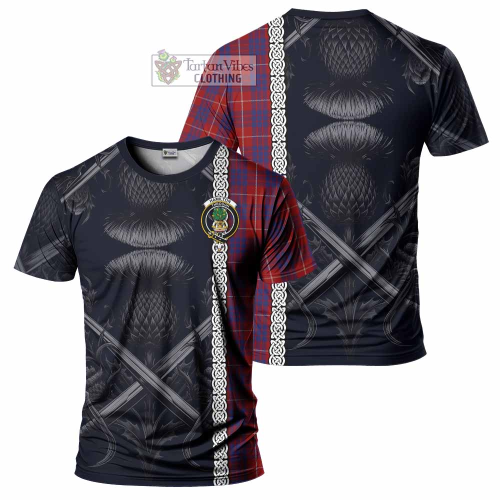 Tartan Vibes Clothing Hamilton Tartan T-Shirt with Family Crest Cross Sword Thistle Celtic Vibes