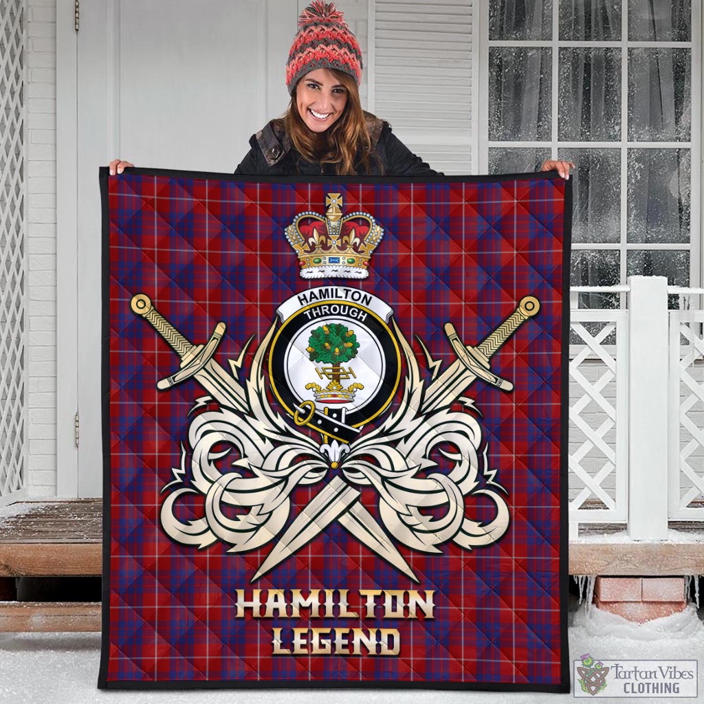 Tartan Vibes Clothing Hamilton Tartan Quilt with Clan Crest and the Golden Sword of Courageous Legacy