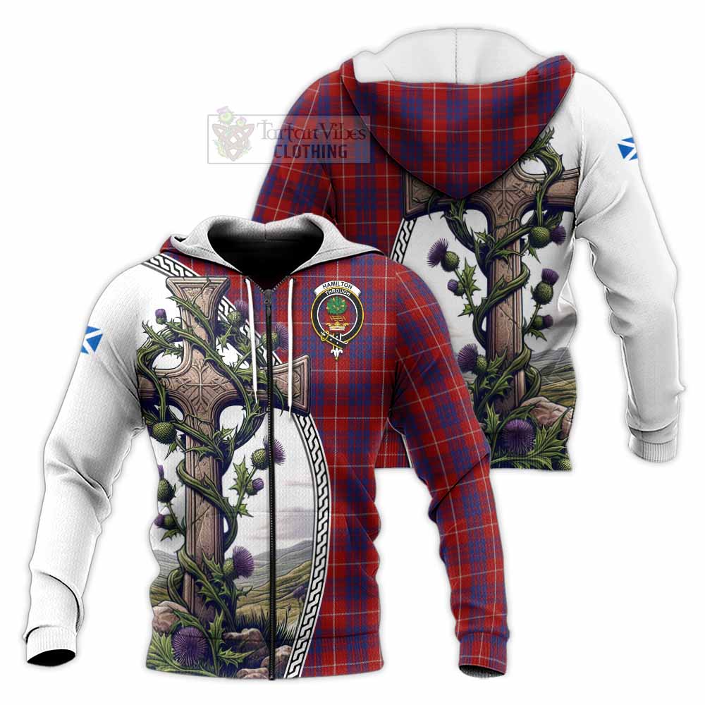 Tartan Vibes Clothing Hamilton Tartan Knitted Hoodie with Family Crest and St. Andrew's Cross Accented by Thistle Vines