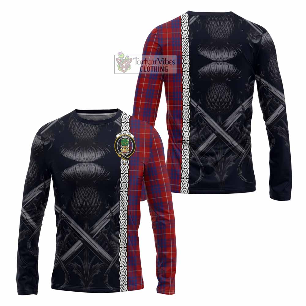 Tartan Vibes Clothing Hamilton Tartan Long Sleeve T-Shirt with Family Crest Cross Sword Thistle Celtic Vibes