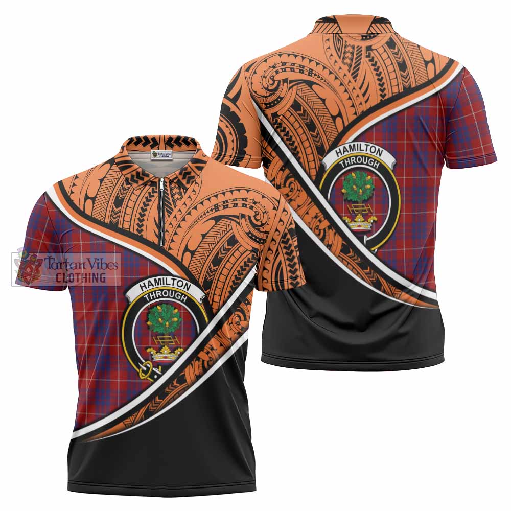 Tartan Vibes Clothing Hamilton Crest Tartan Zipper Polo Shirt with Maori Tattoo Style - Orange Version