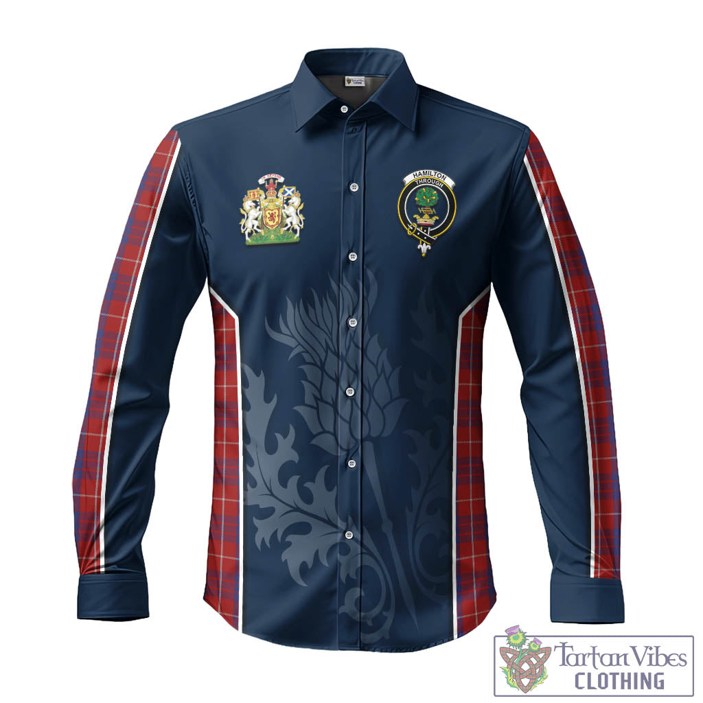 Tartan Vibes Clothing Hamilton Tartan Long Sleeve Button Up Shirt with Family Crest and Scottish Thistle Vibes Sport Style