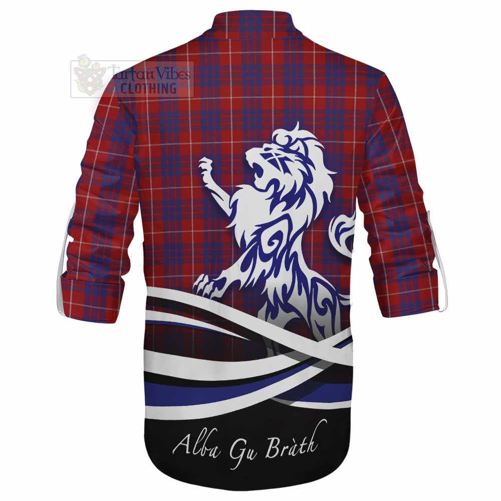 Tartan Vibes Clothing Hamilton Tartan Ghillie Kilt Shirt with Alba Gu Brath Regal Lion Emblem