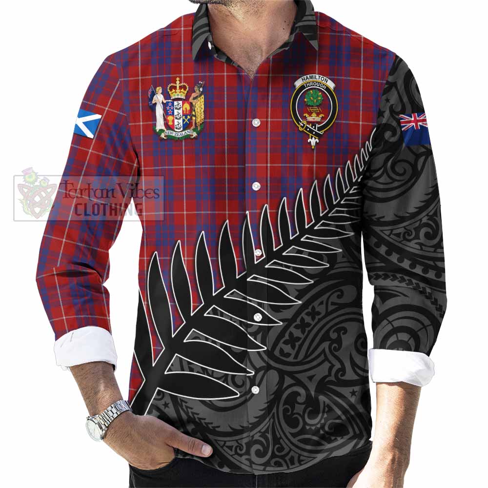 Tartan Vibes Clothing Hamilton Crest Tartan Long Sleeve Button Shirt with New Zealand Silver Fern Half Style