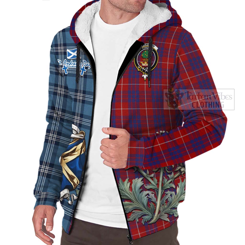 Tartan Vibes Clothing Hamilton Tartan Sherpa Hoodie Happy St. Andrew's Day Half Tartan Style