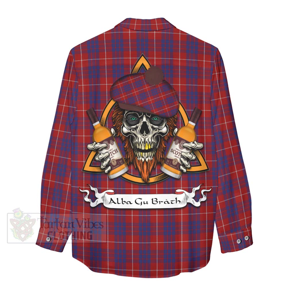 Tartan Vibes Clothing Hamilton Tartan Women's Casual Shirt with Family Crest and Bearded Skull Holding Bottles of Whiskey