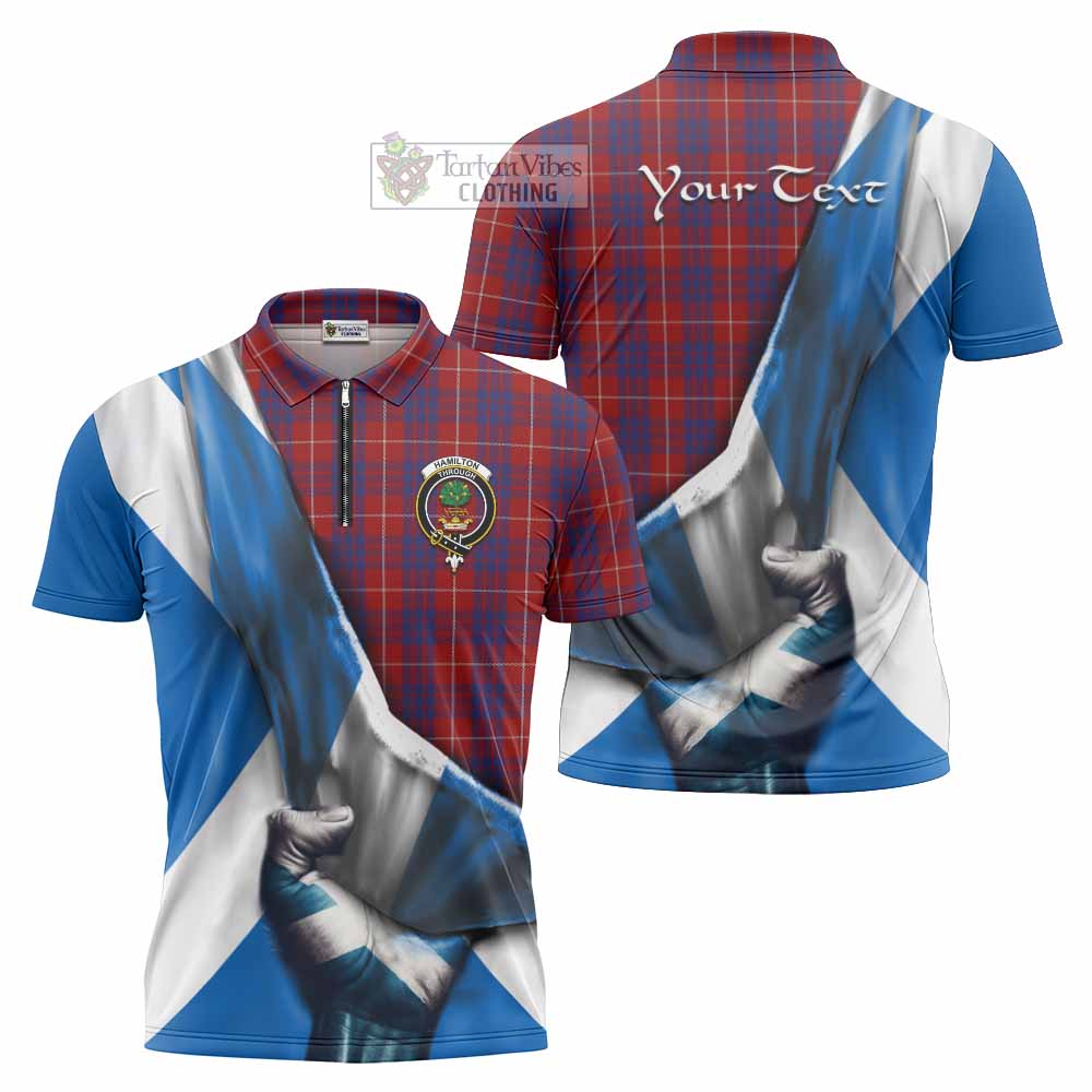 Tartan Vibes Clothing Hamilton Tartan Zipper Polo Shirt with Family Crest Scotland Patriotic Style