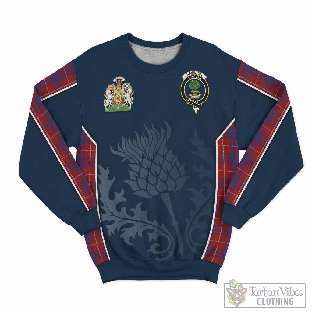 Tartan Vibes Clothing Hamilton Tartan Sweatshirt with Family Crest and Scottish Thistle Vibes Sport Style