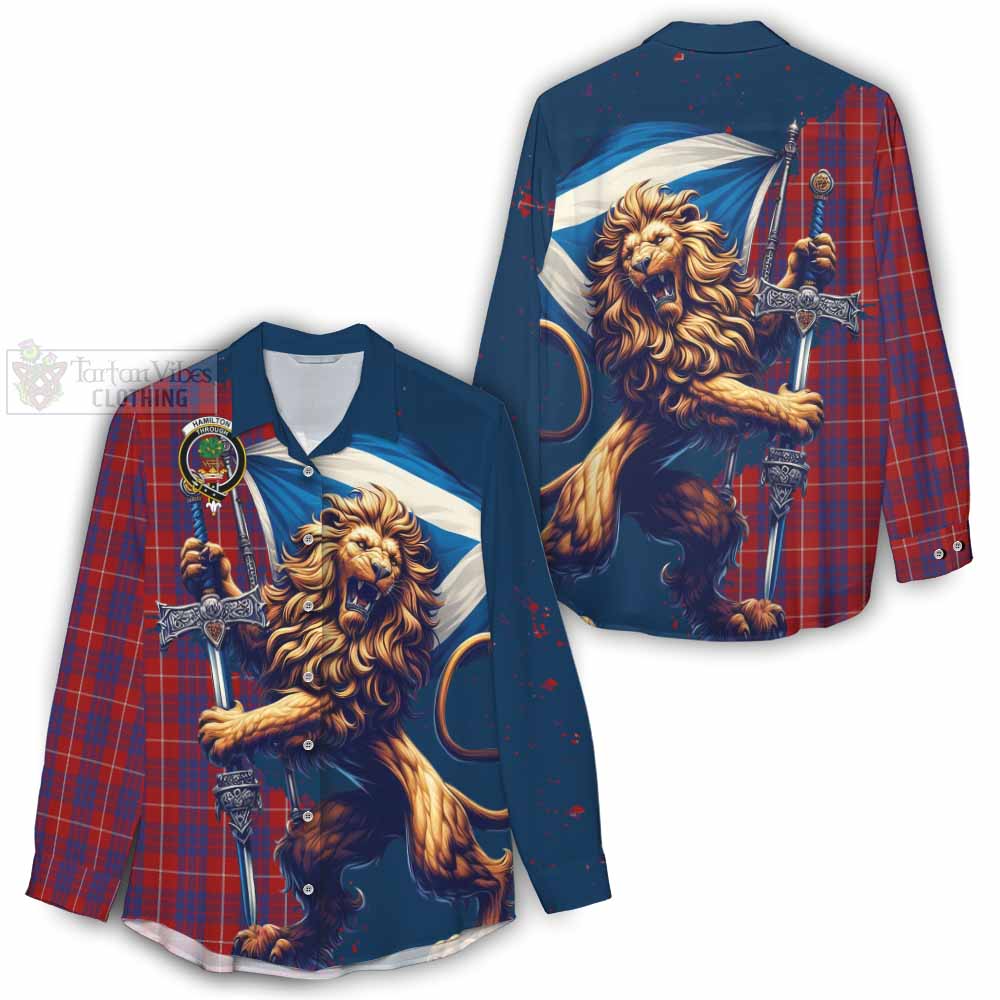 Tartan Vibes Clothing Hamilton Tartan Family Crest Women's Casual Shirt with Scottish Majestic Lion