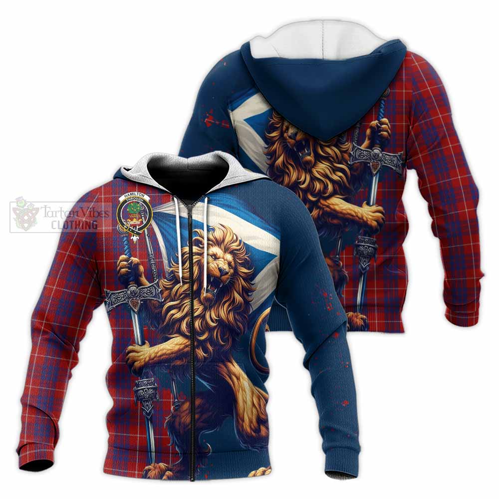 Tartan Vibes Clothing Hamilton Tartan Family Crest Knitted Hoodie with Scottish Majestic Lion