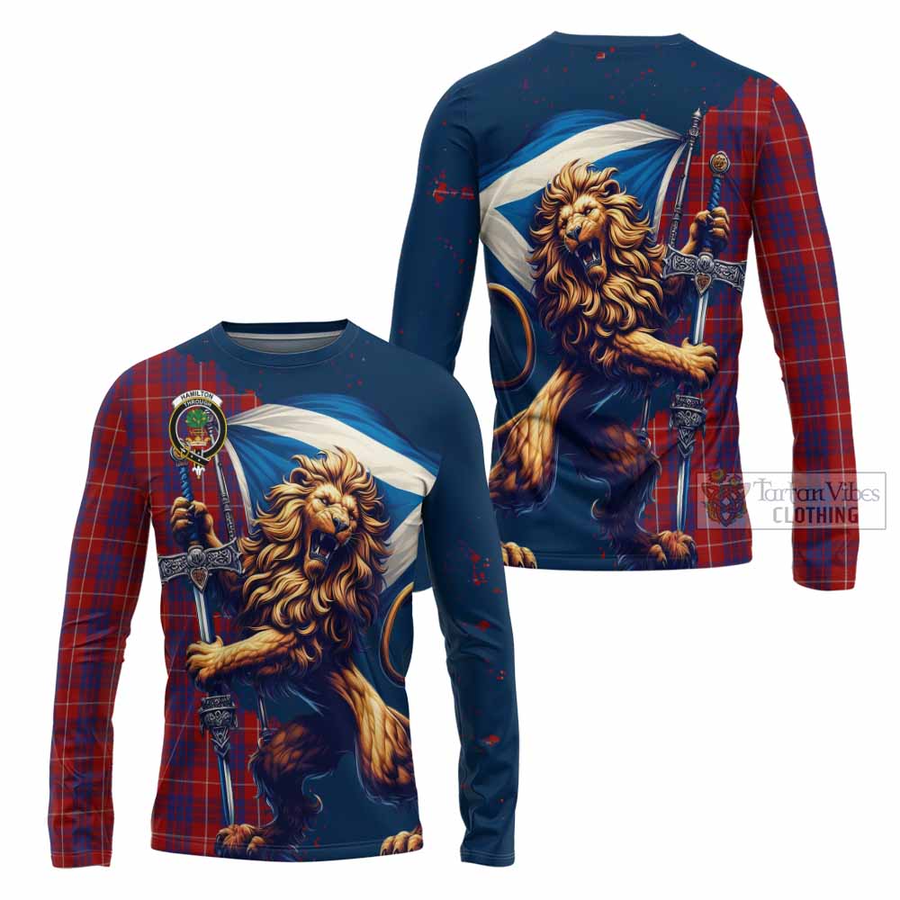 Tartan Vibes Clothing Hamilton Tartan Family Crest Long Sleeve T-Shirt with Scottish Majestic Lion