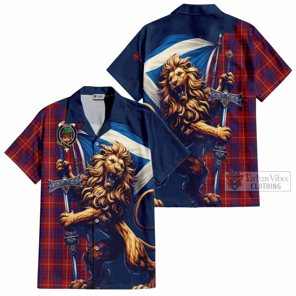 Tartan Vibes Clothing Hamilton Tartan Family Crest Short Sleeve Button Shirt with Scottish Majestic Lion