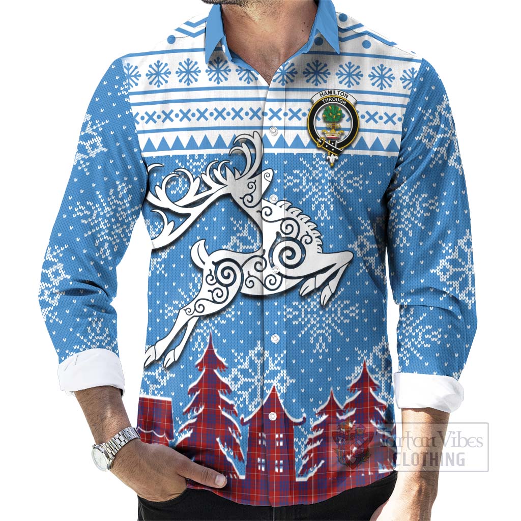 Tartan Vibes Clothing Hamilton Clan Christmas Long Sleeve Button Shirt Celtic Reindeer Style