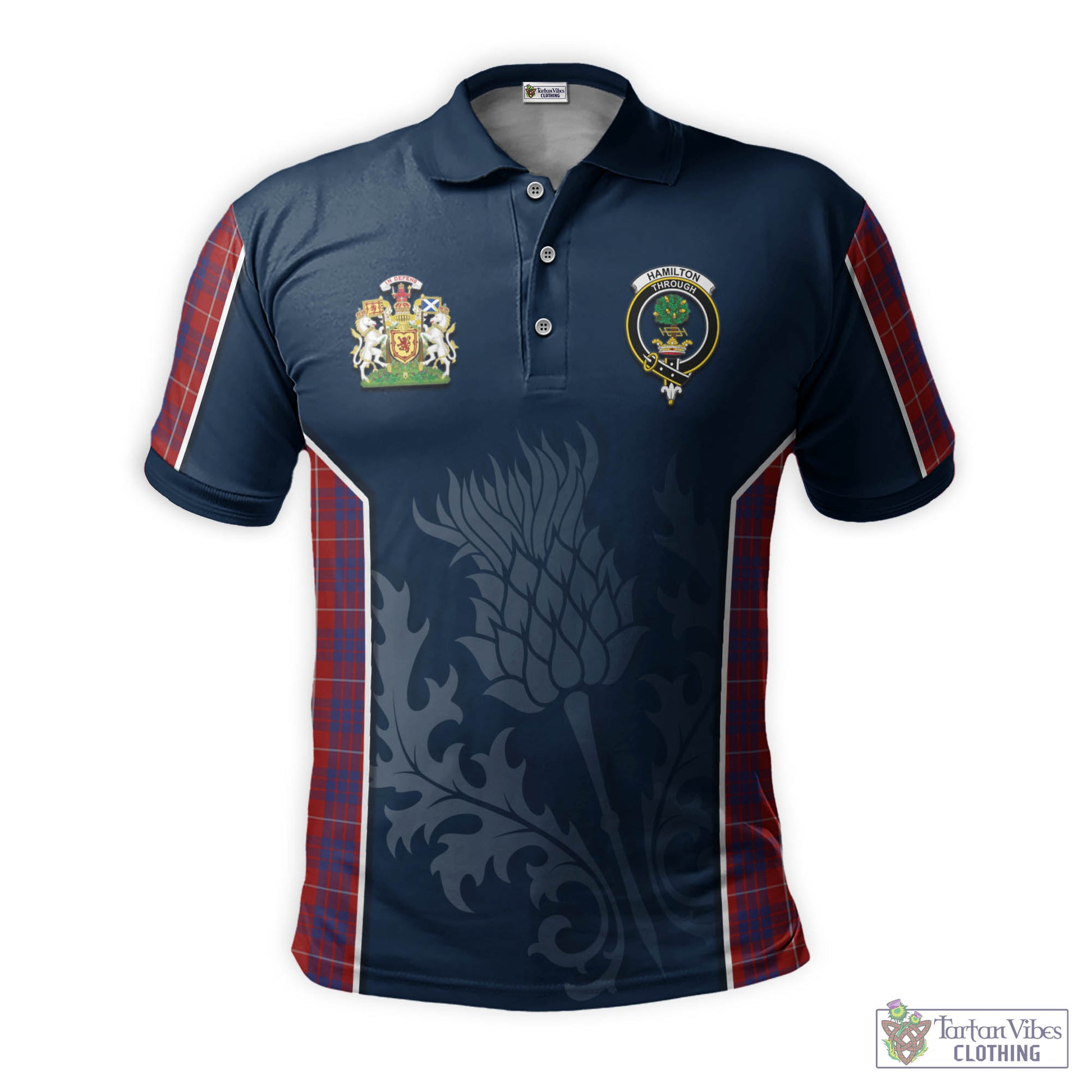 Tartan Vibes Clothing Hamilton Tartan Men's Polo Shirt with Family Crest and Scottish Thistle Vibes Sport Style