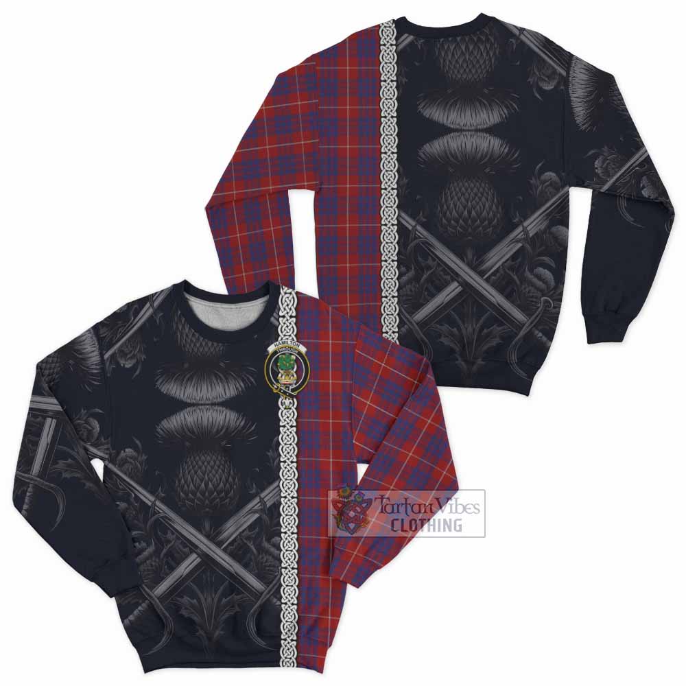 Tartan Vibes Clothing Hamilton Tartan Sweatshirt with Family Crest Cross Sword Thistle Celtic Vibes