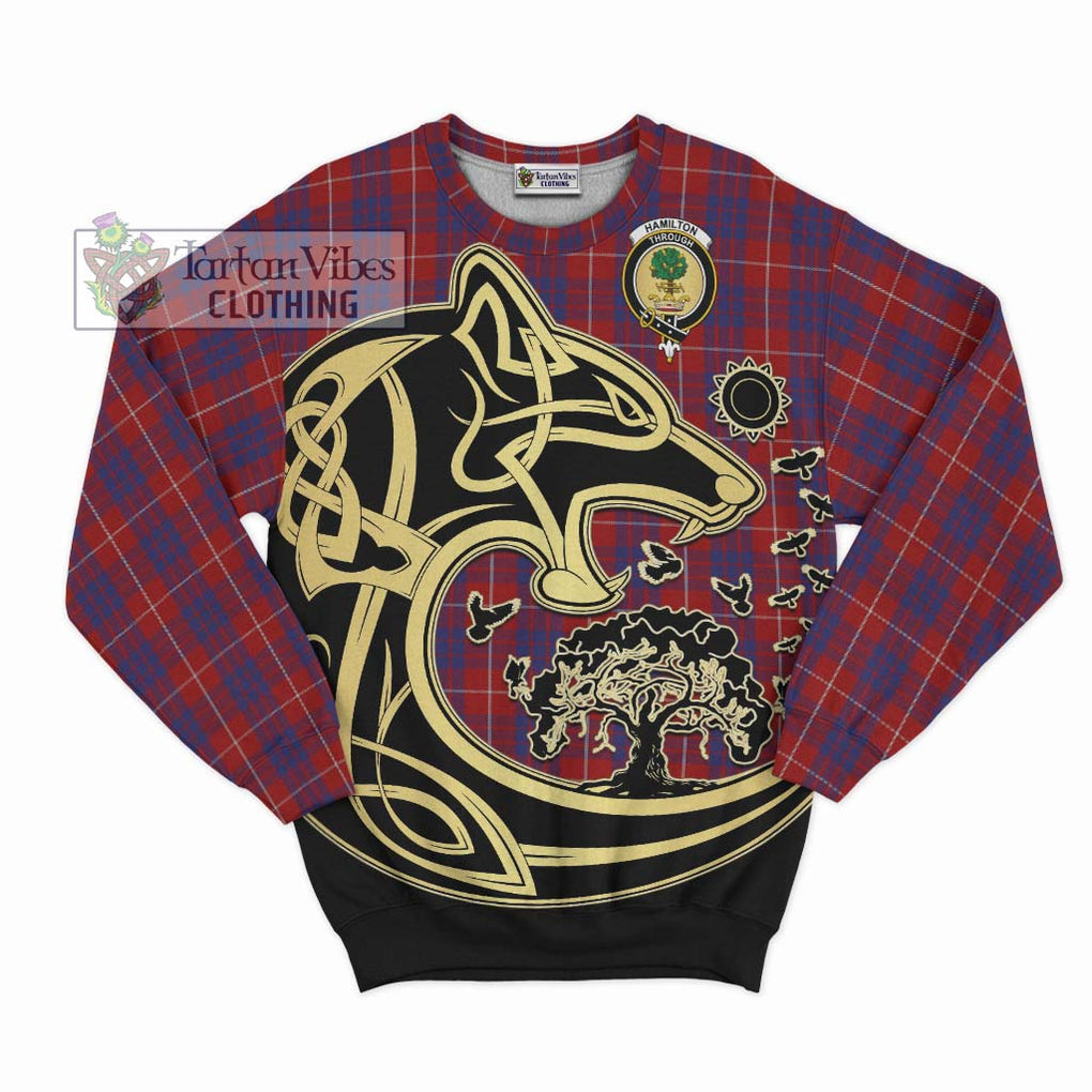 Hamilton Tartan Sweatshirt with Family Crest Celtic Wolf Style - Tartan Vibes Clothing