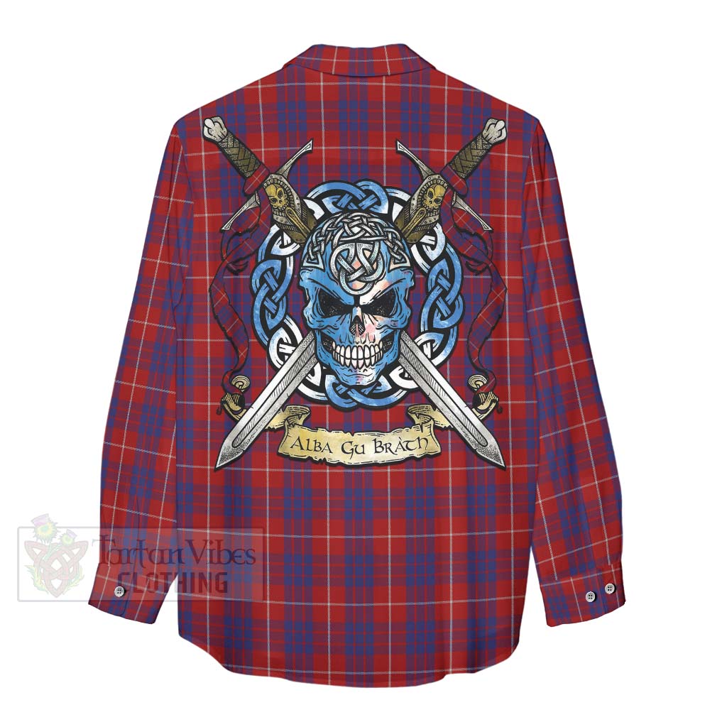 Tartan Vibes Clothing Hamilton Tartan Women's Casual Shirt with Family Crest Celtic Skull Style