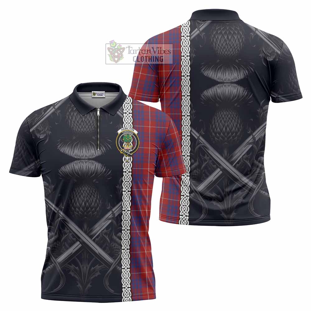 Tartan Vibes Clothing Hamilton Tartan Zipper Polo Shirt with Family Crest Cross Sword Thistle Celtic Vibes