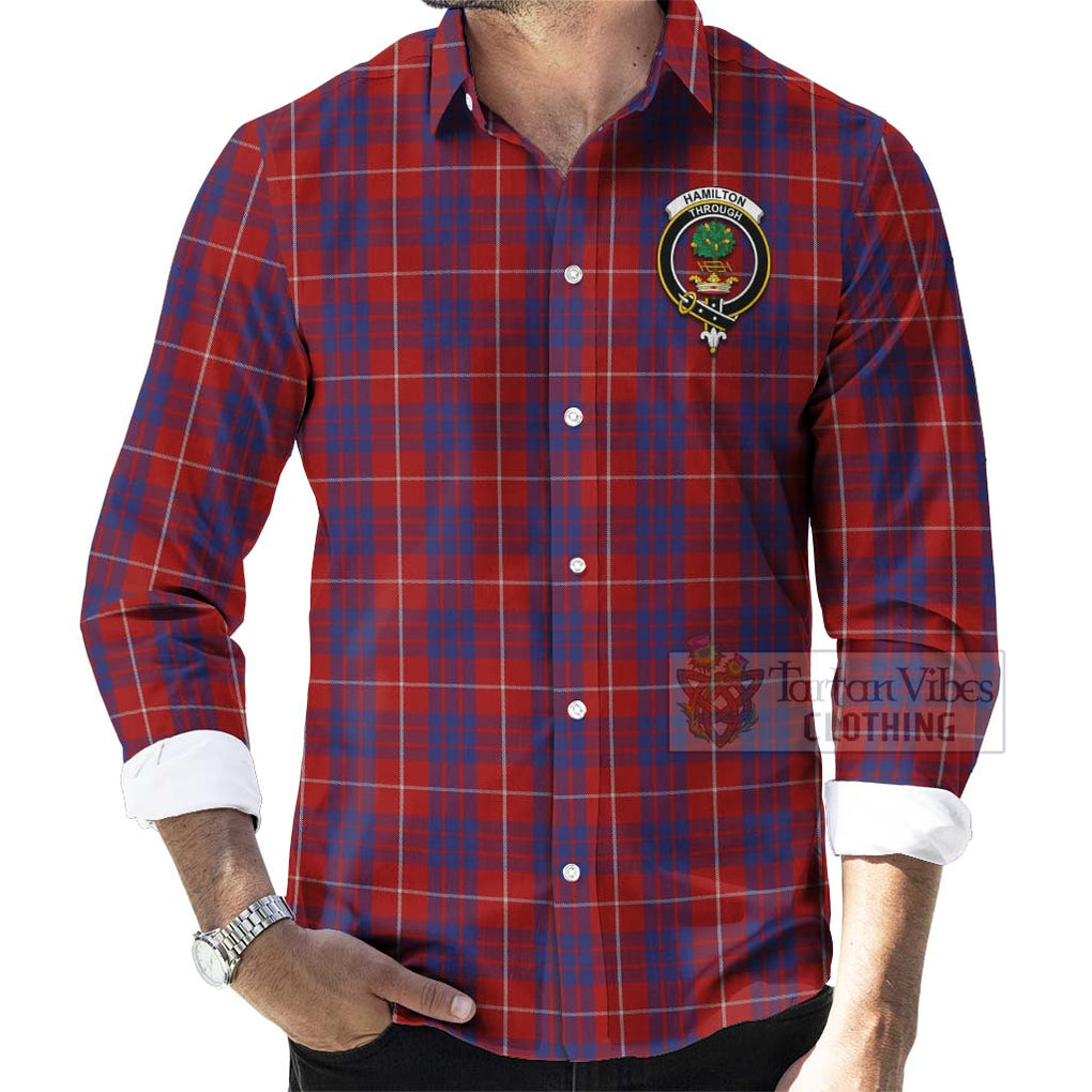 Tartan Vibes Clothing Hamilton Tartan Long Sleeve Button Shirt with Family Crest and Bearded Skull Holding Bottles of Whiskey