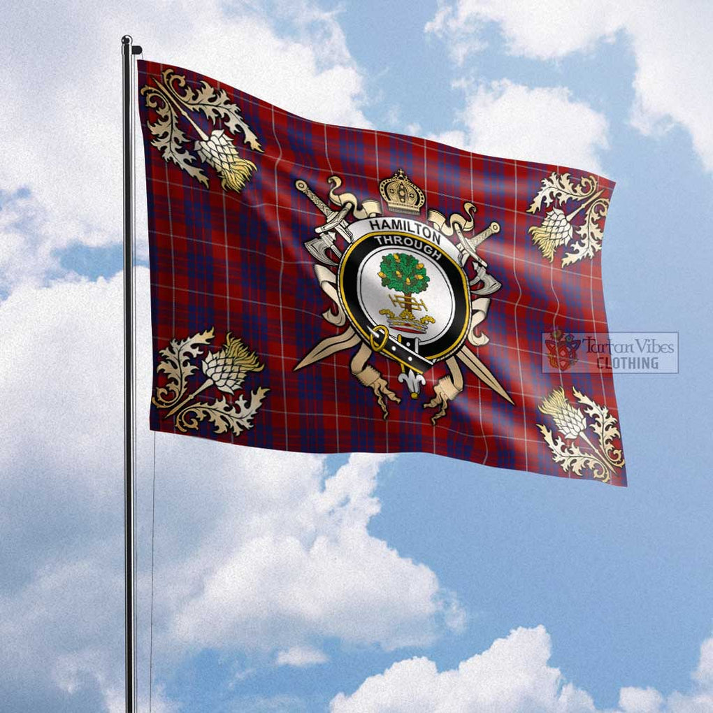 Tartan Vibes Clothing Hamilton Tartan Flag with Family Crest and Golden Thistle Crossed Sword Design